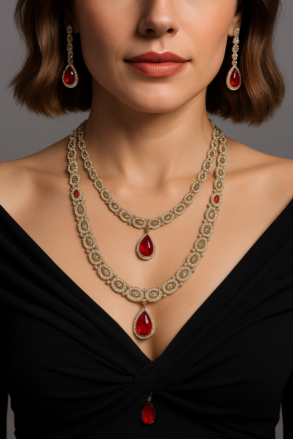 Royal Ruby Double Layer Necklace with Earrings