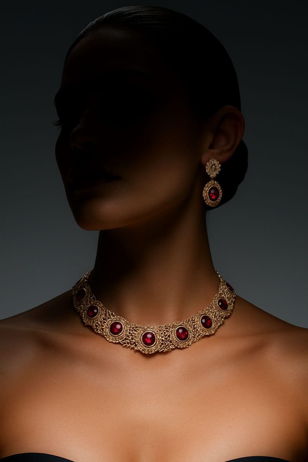 Gold Plated Ruby Stone Riviera Necklace with Earrings