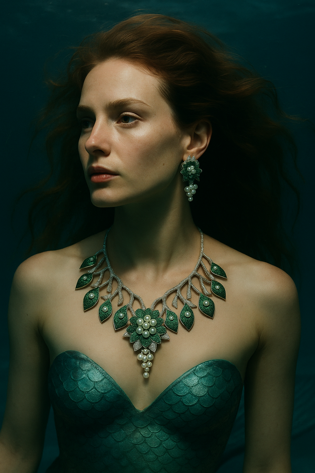 Emerald Green and White Nano Setting American Diamonds Zirconia with Real Pearl Designer 3D Leaves Necklace