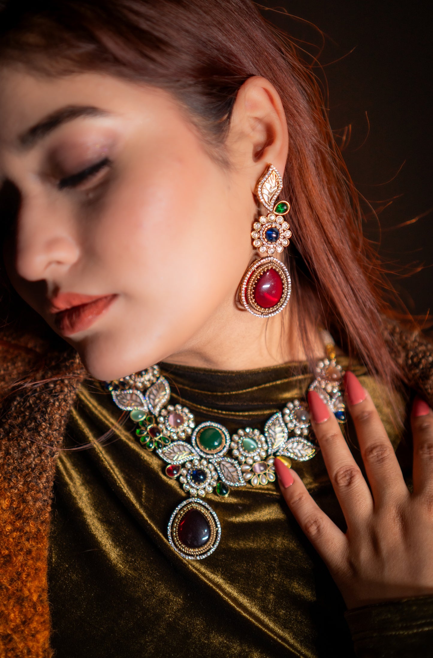 Mexican Navratan Multi-Color Natural Gemstones Floral Designer Necklace