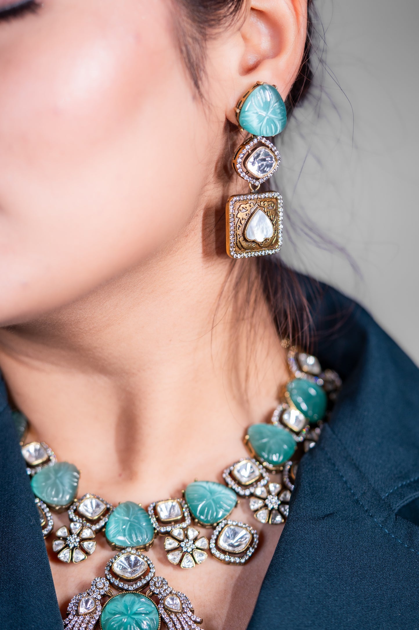 Turkish Carved Tourmaline Turquoise Green Stones with Uncut Polki Moissanite and American Diamonds Zirconia Designer Necklace