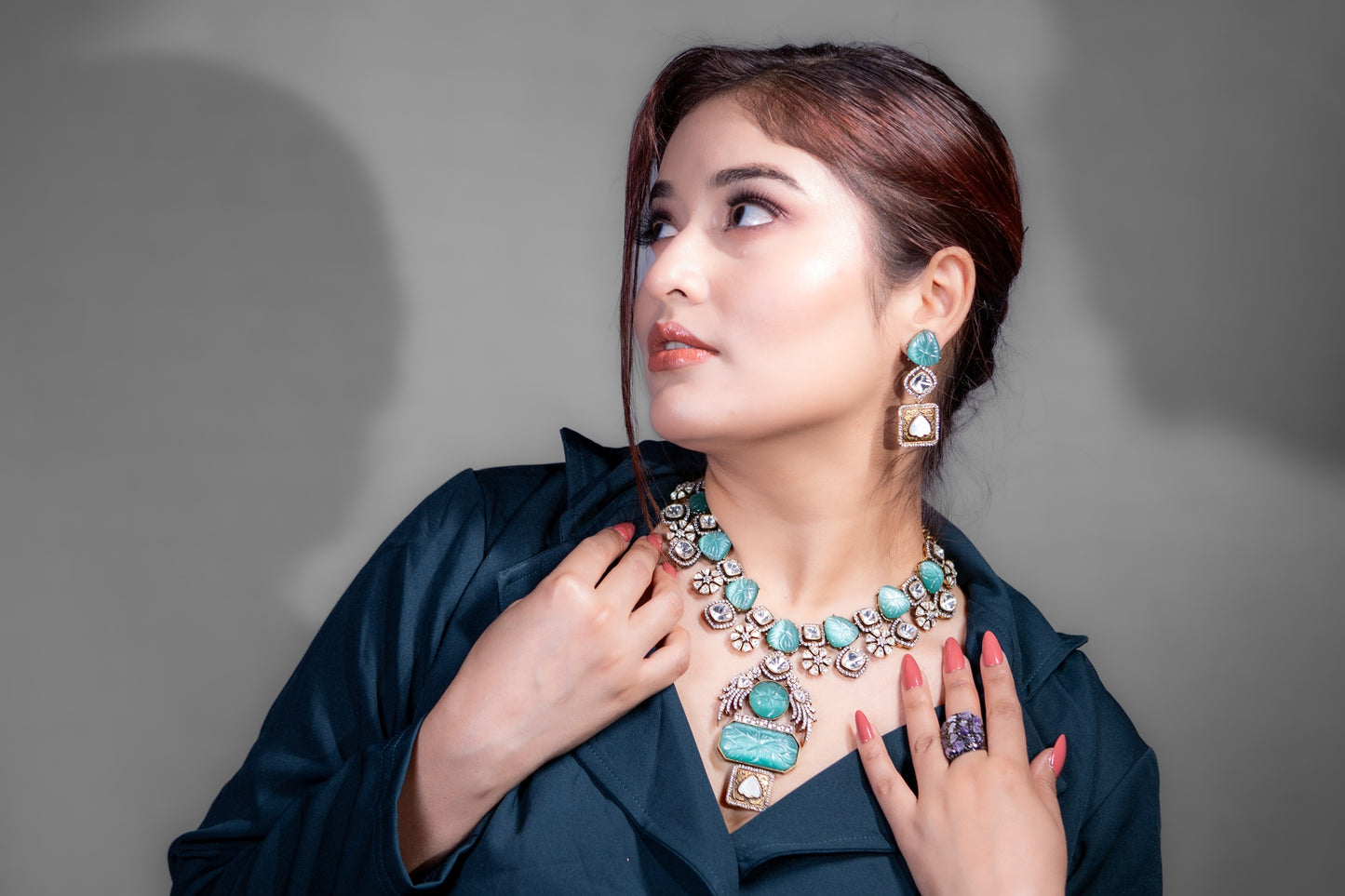 Turkish Carved Tourmaline Turquoise Green Stones with Uncut Polki Moissanite and American Diamonds Zirconia Designer Necklace