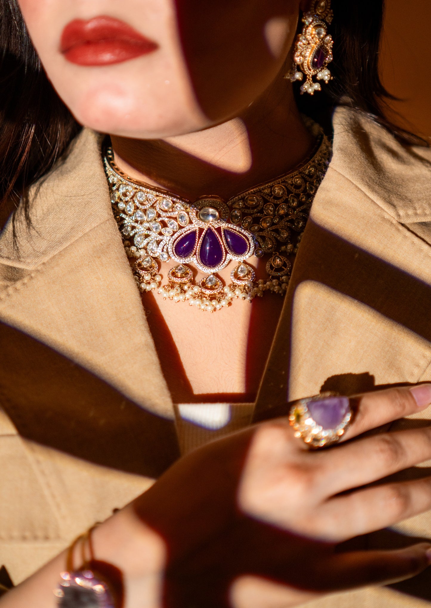 Purple Stone and Moissanite Kundan Choker Necklace