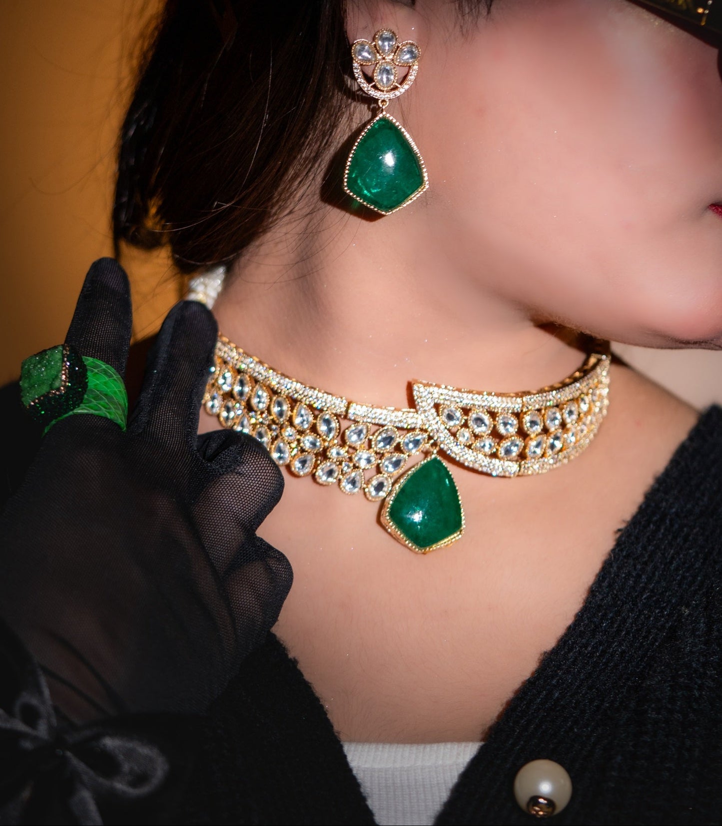 Green Emerald Doublet Drop and Moissanite Kundan Choker Necklace