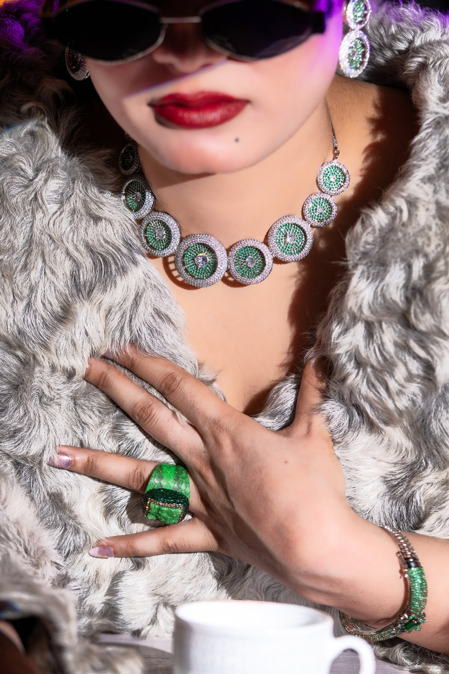 Russian Emerald Green and White Cubic Zirconia Stones Necklace