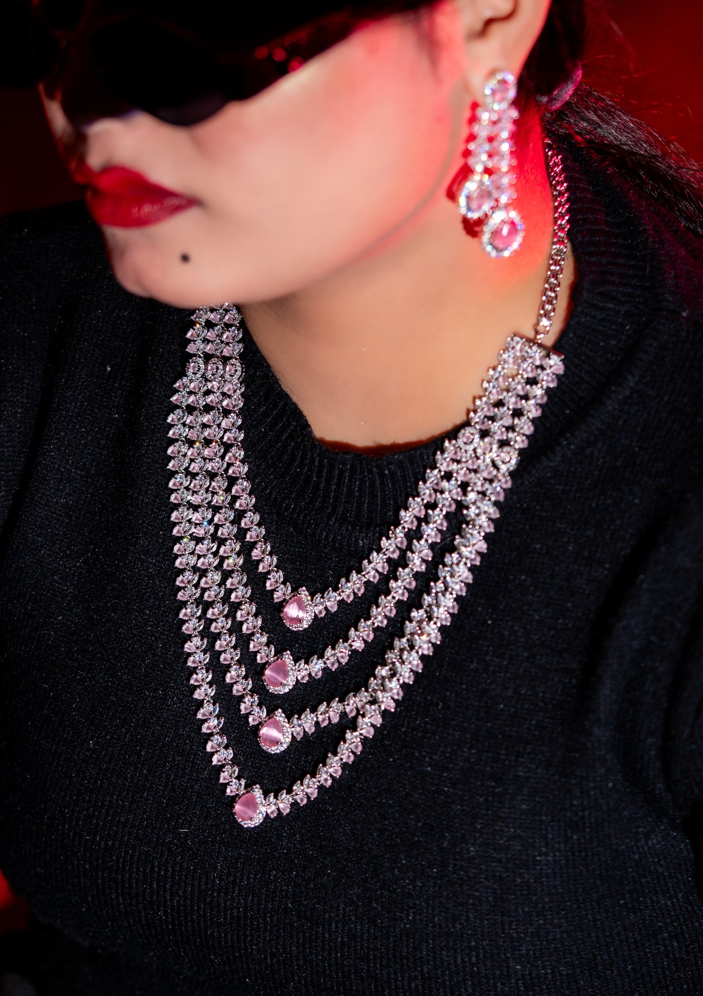 Pink American Diamonds Rhodium Finish 4 Layer Necklace