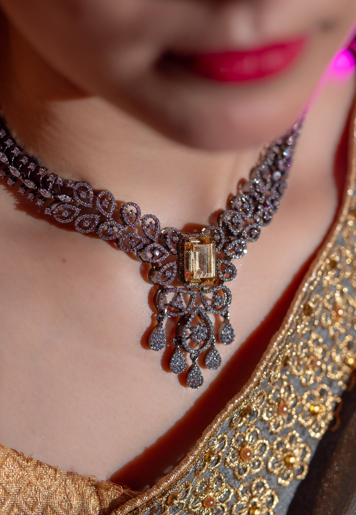 Yellow Sapphire American Diamonds Antique Necklace