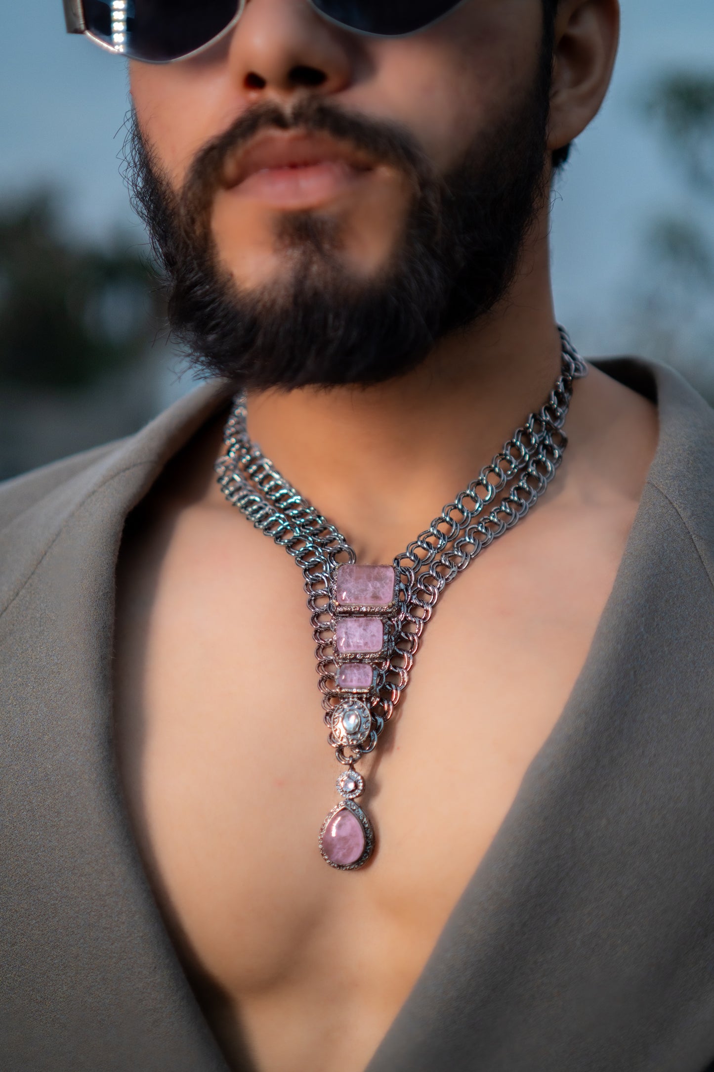 French Pink Doublet Stones with Oxidized Silver Plating Western Necklace