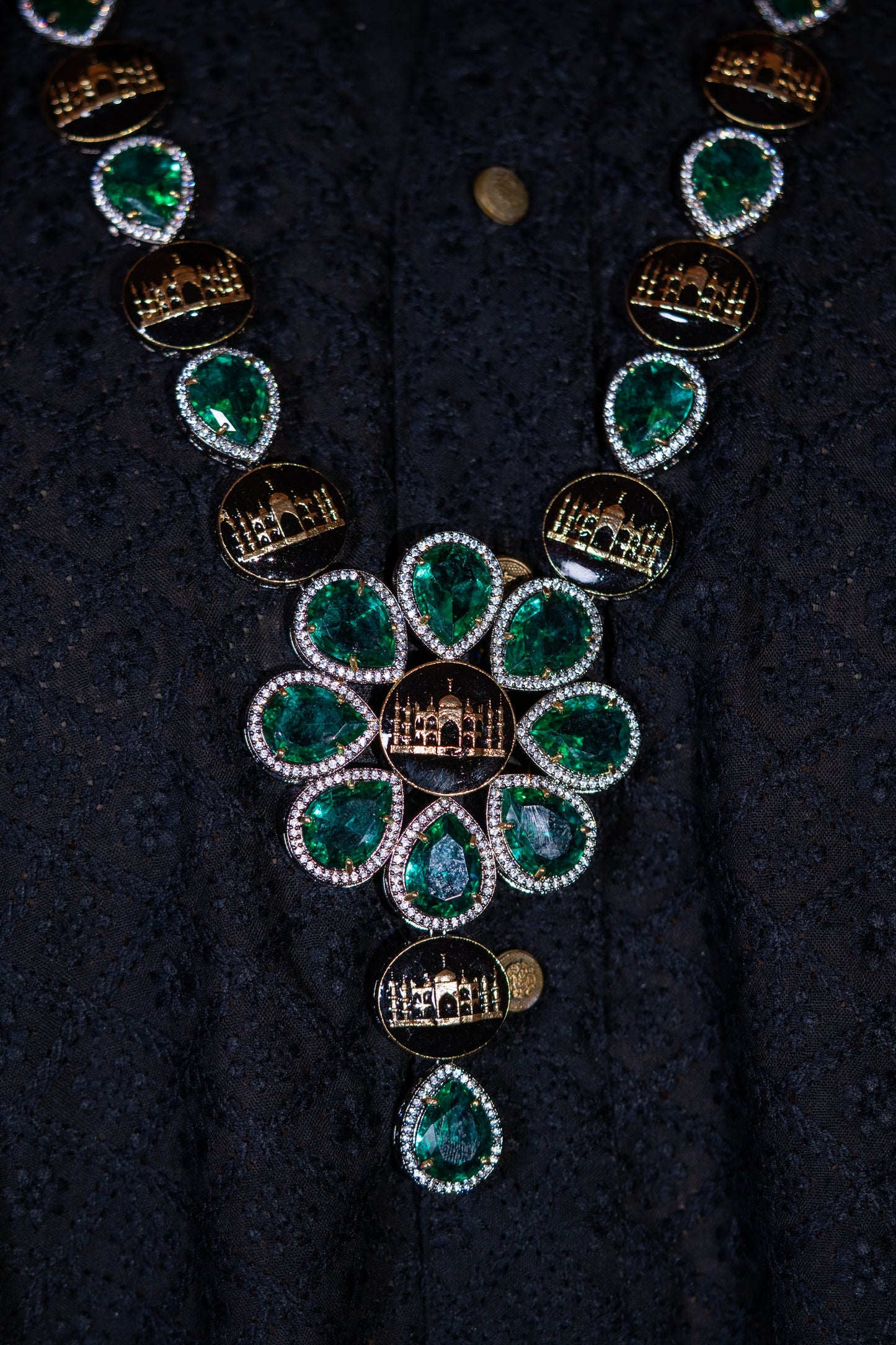 Emerald Green with American Diamonds Zirconia and Black Enamel Mughal Heritage Designer Necklace