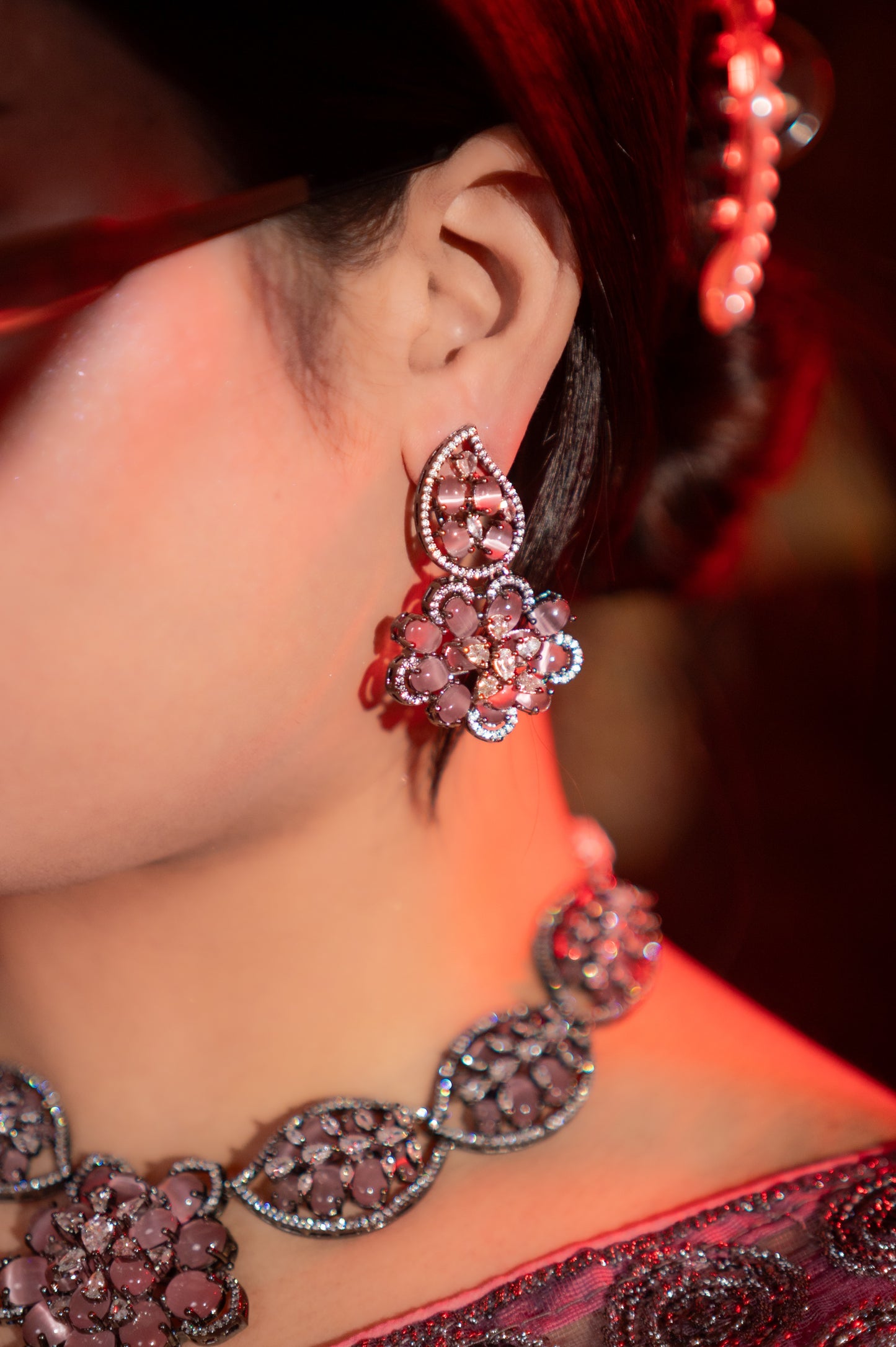 Turkish Pink Stone with American Diamonds Artistic Work Necklace
