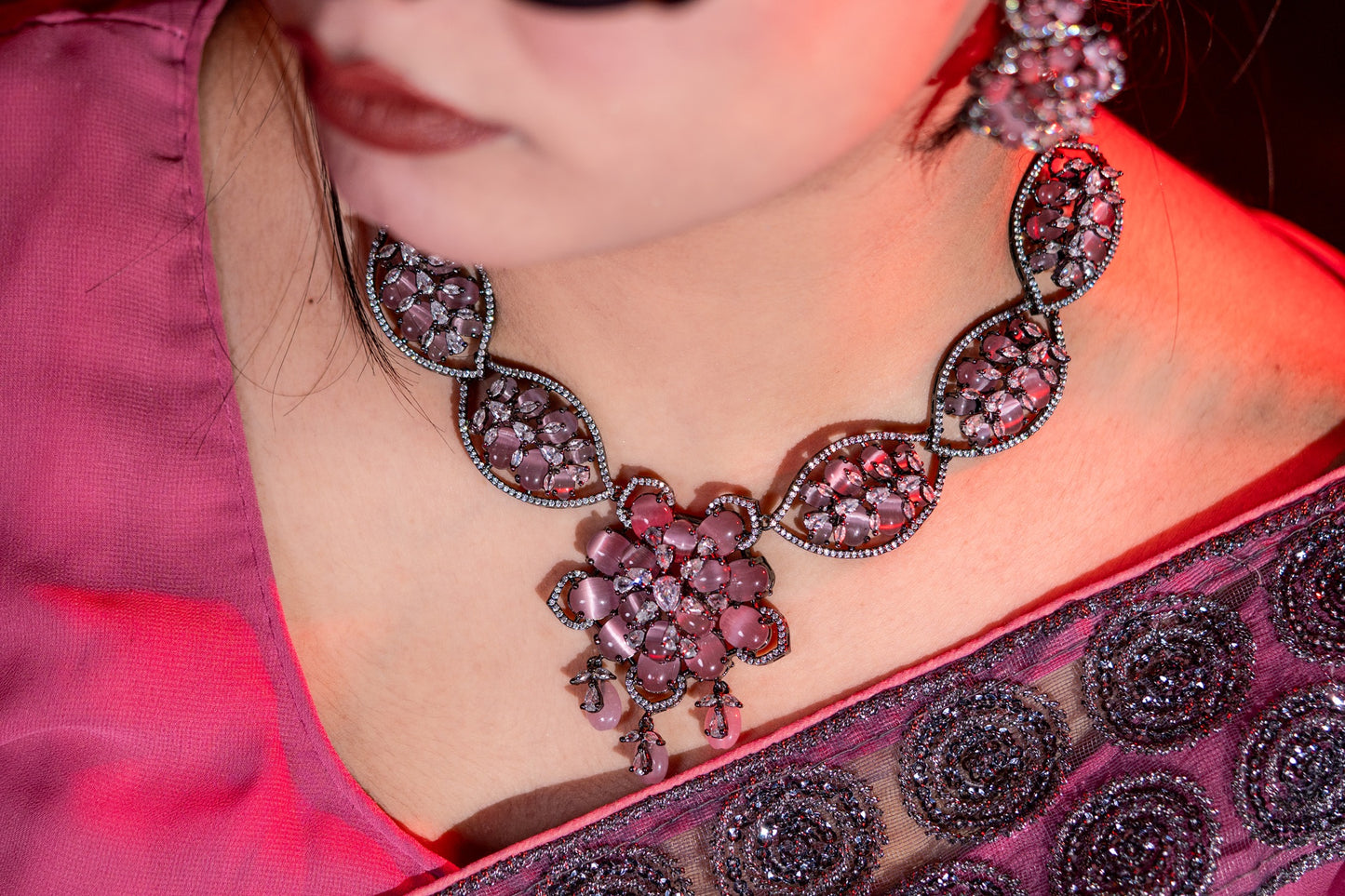 Turkish Pink Stone with American Diamonds Artistic Work Necklace