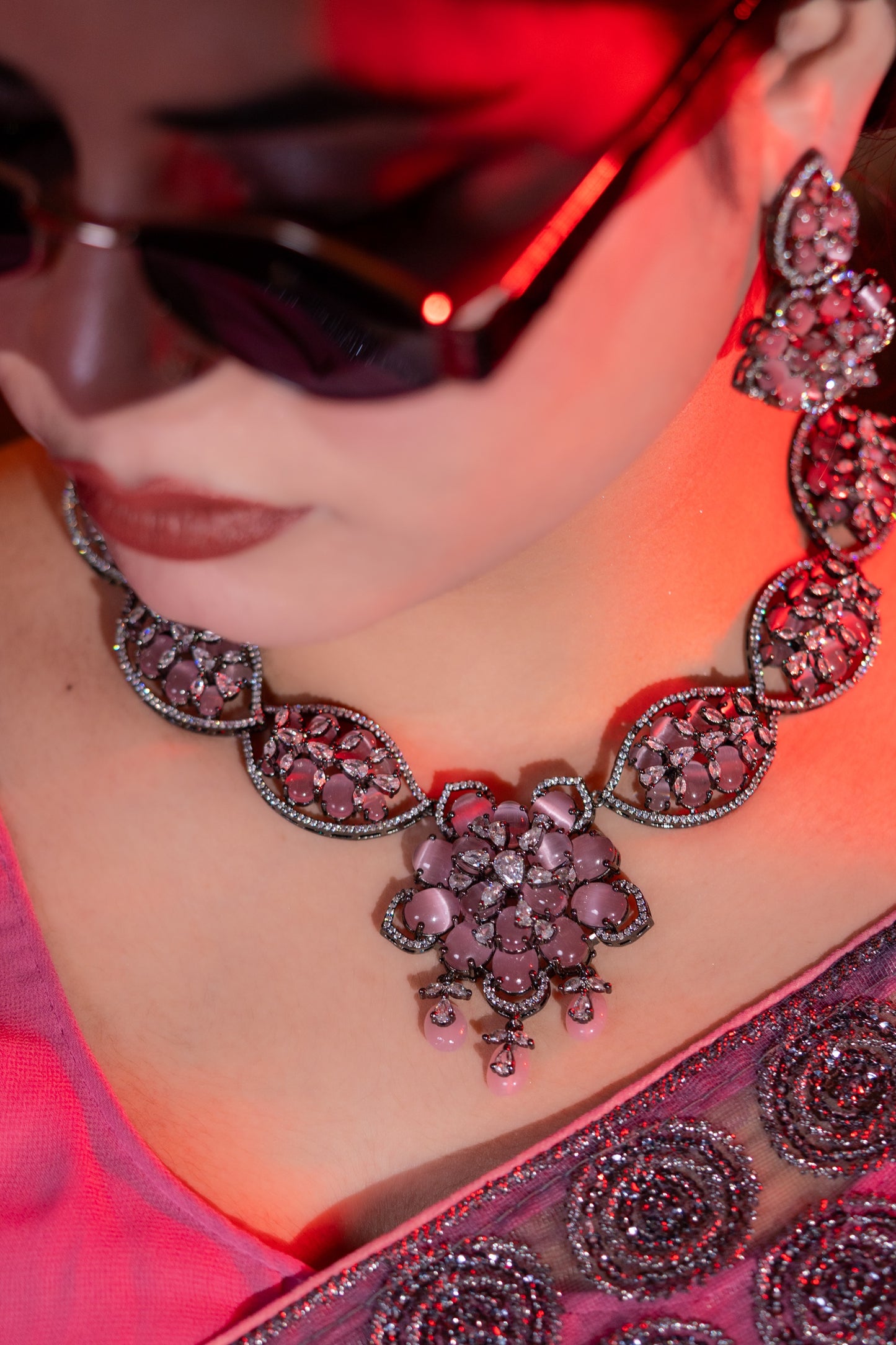 Turkish Pink Stone with American Diamonds Artistic Work Necklace