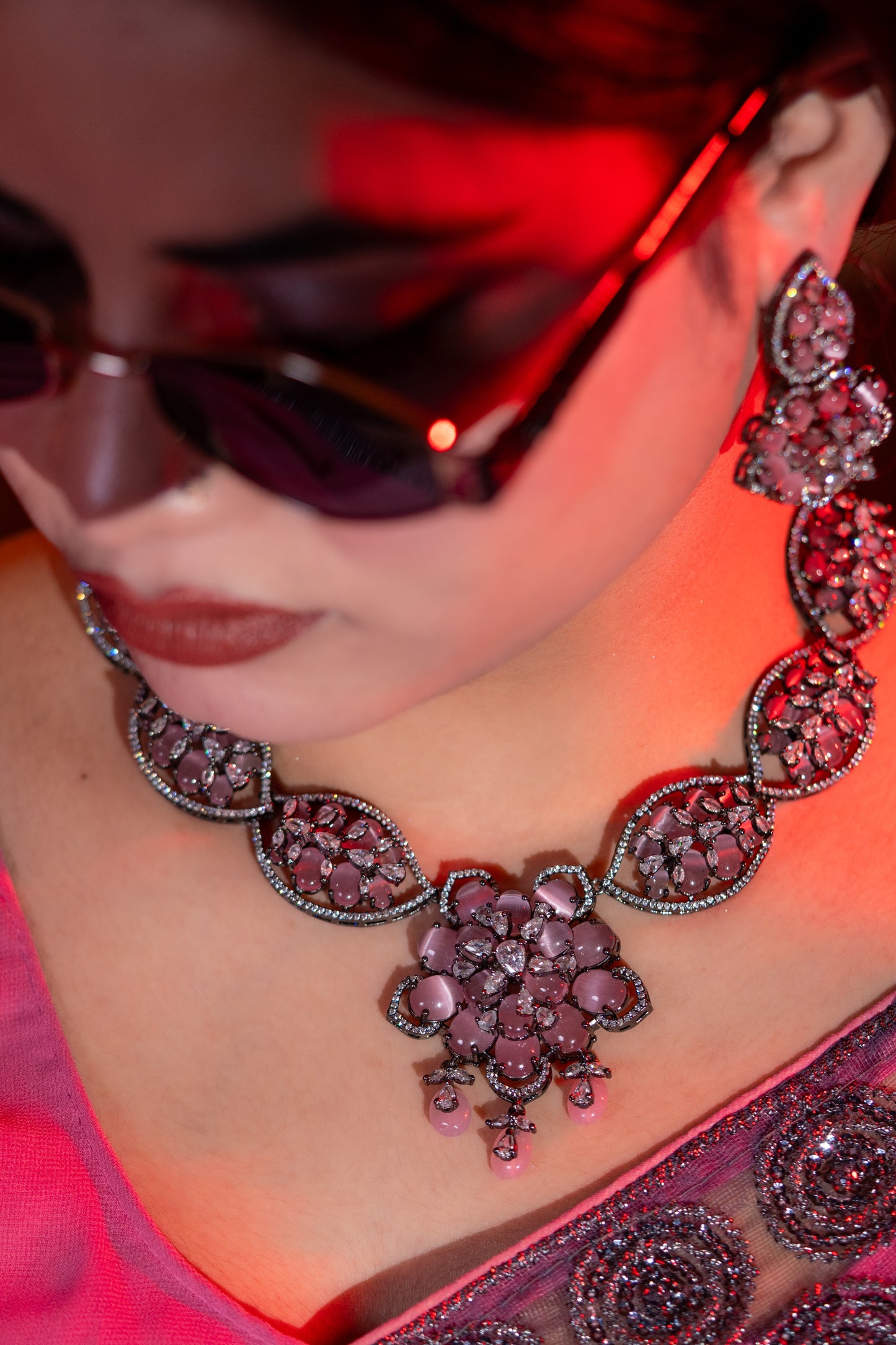 Turkish Pink Stone with American Diamonds Artistic Work Necklace