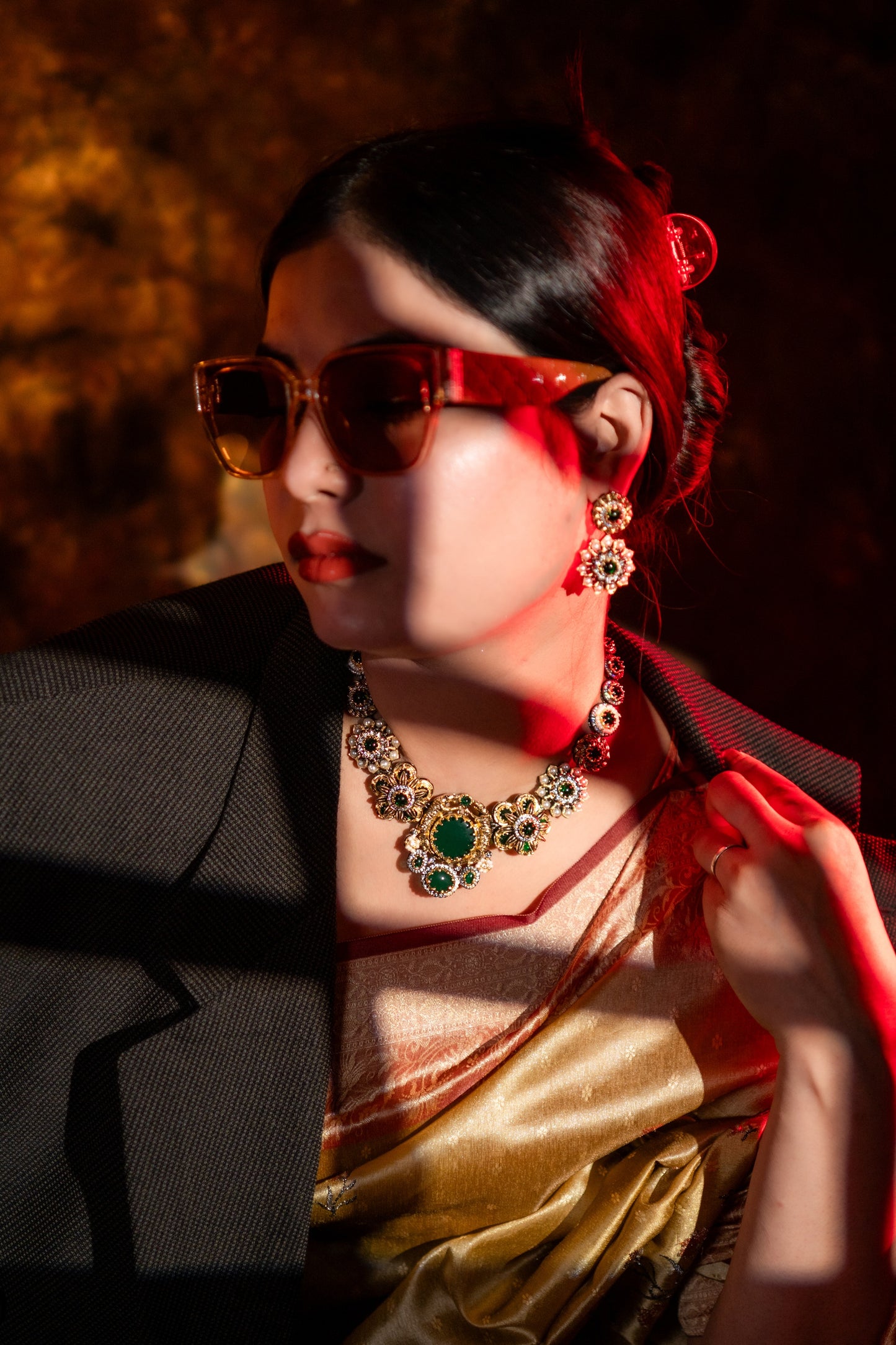 Green Premium Gemstone with Pearls, American Diamond and Polki Work Necklace