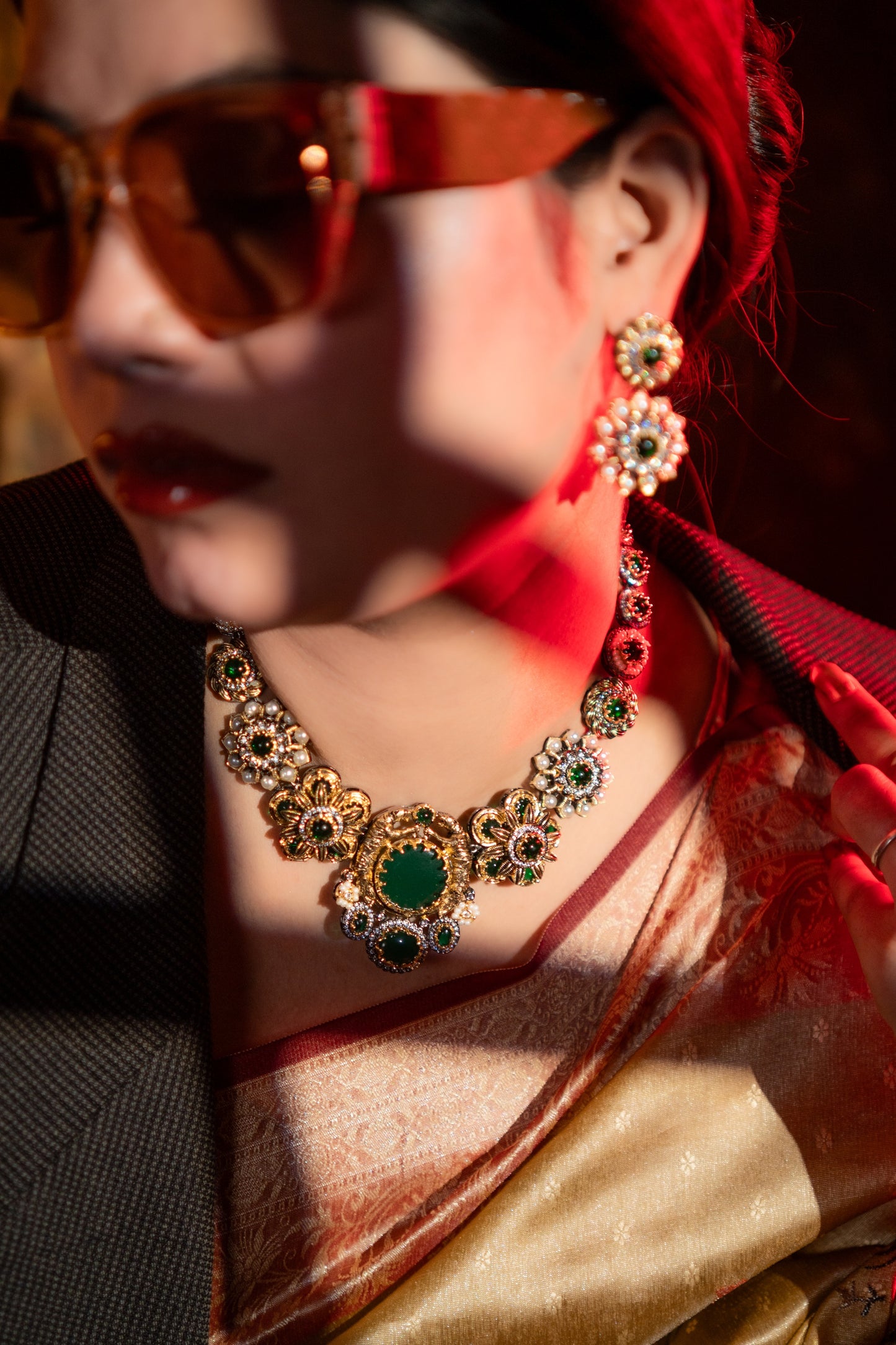 Green Premium Gemstone with Pearls, American Diamond and Polki Work Necklace