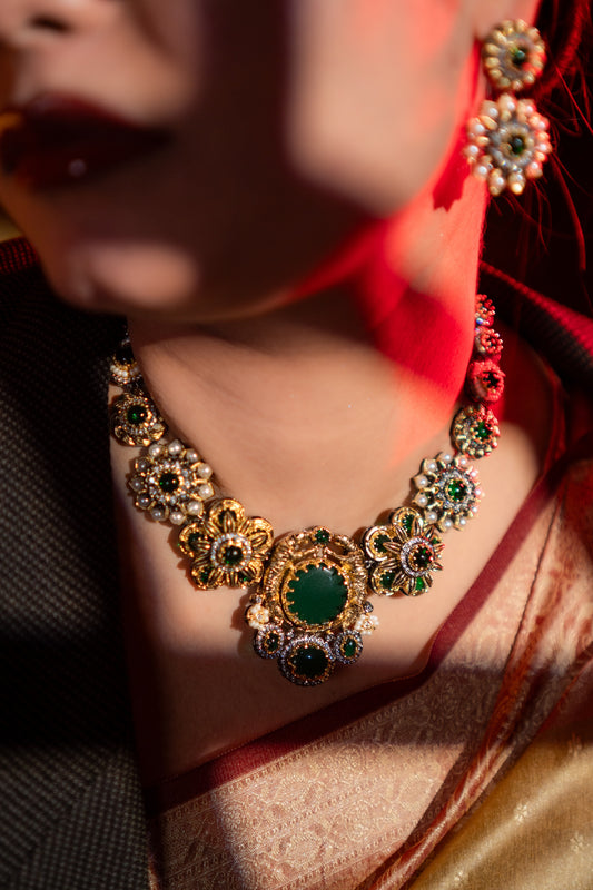 Green Premium Gemstone with Pearls, American Diamond and Polki Work Necklace