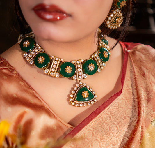 Tanjore Green Doublet Kundan 22KT Gold Plated Polish Necklace