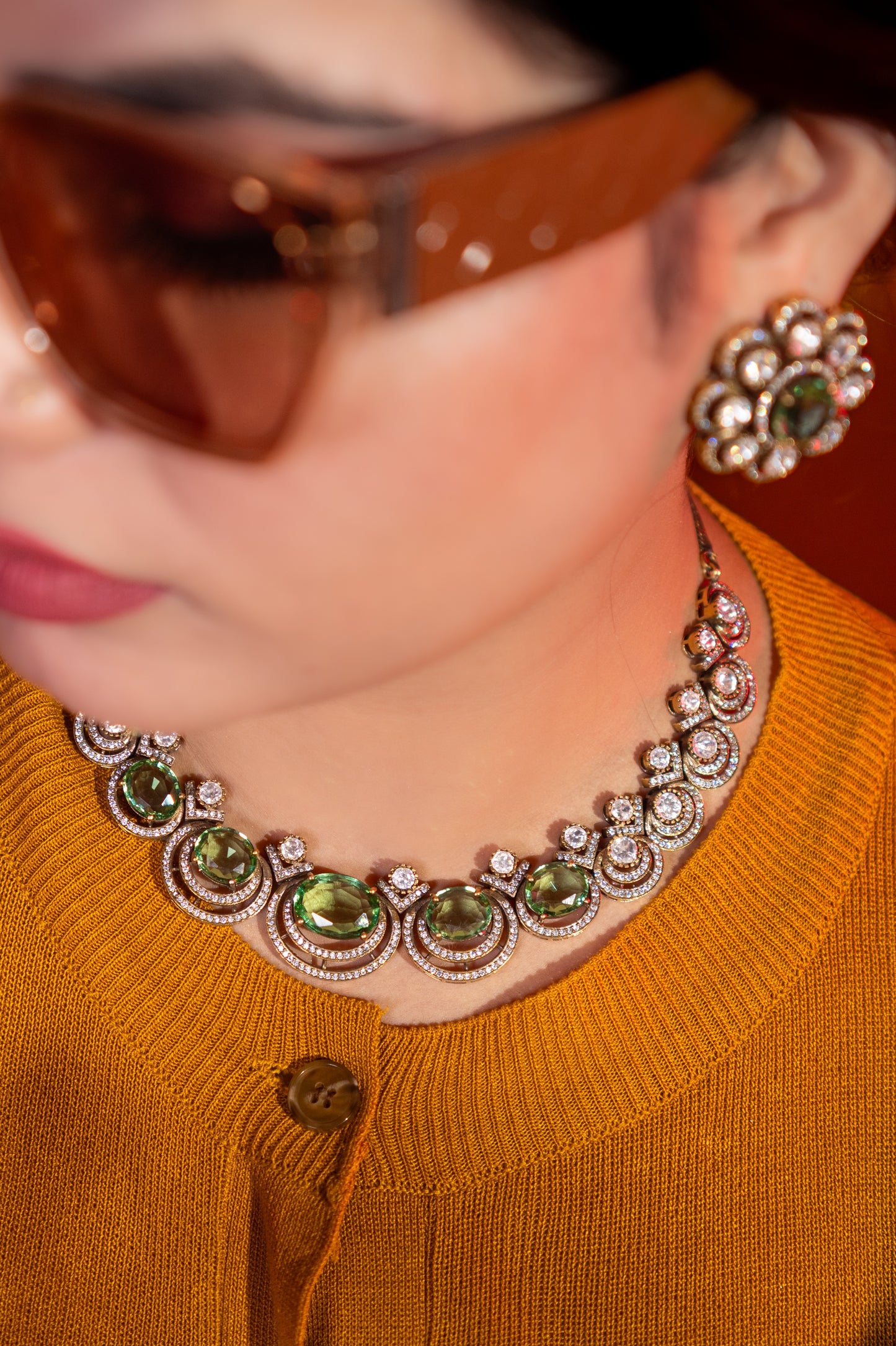 Mint Green Sapphire Gemstone with American Diamonds Zirconia Work Necklace