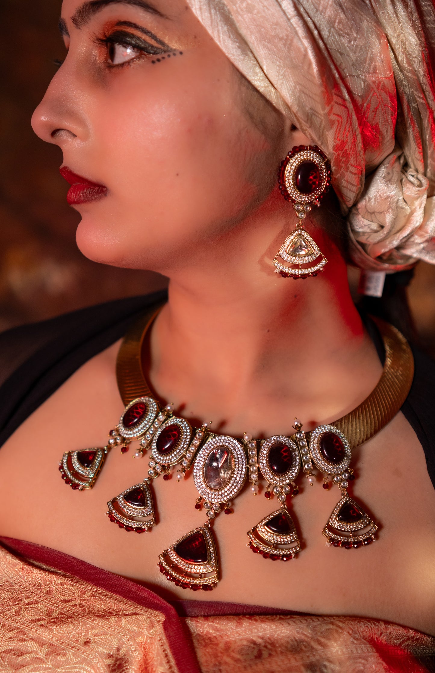 Ruby Stone Polki Moissanite and American Diamonds Zirconia Hasli Necklace