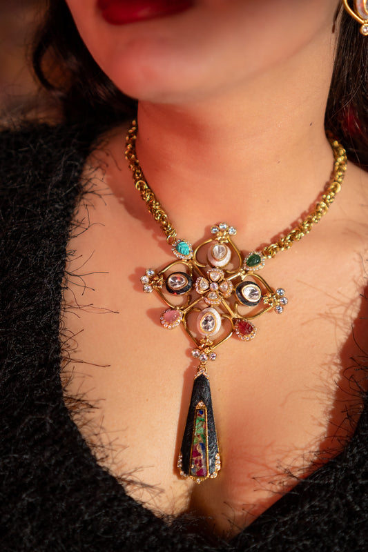Roman Byzantine Style Polki Moissanite and Carved Tourmaline Stones Designer Necklace