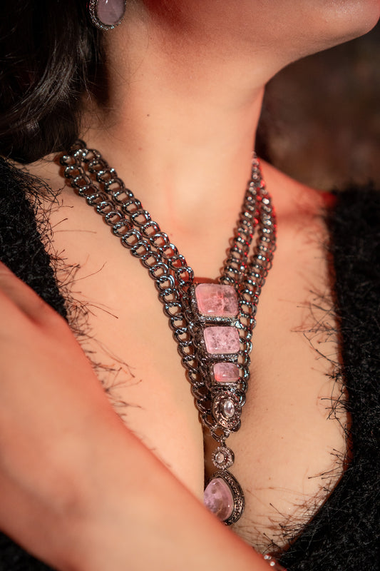 French Pink Doublet Stones with Oxidized Silver Plating Western Necklace