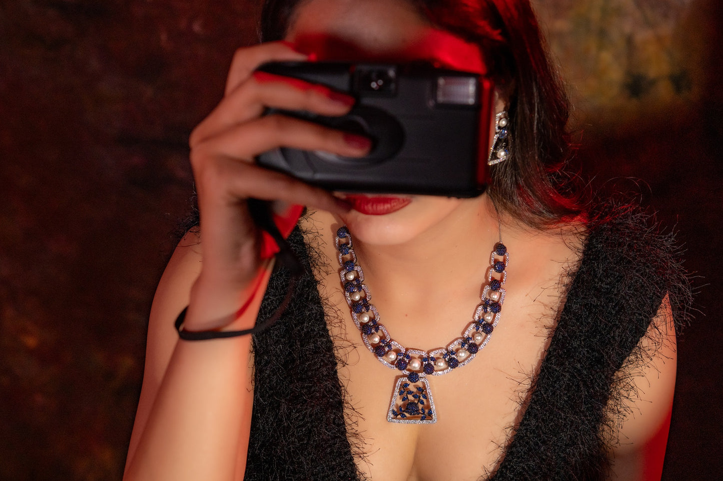 Blue and White Nano Setting American Diamonds Zirconia with Real Pearl Studded Designer Necklace