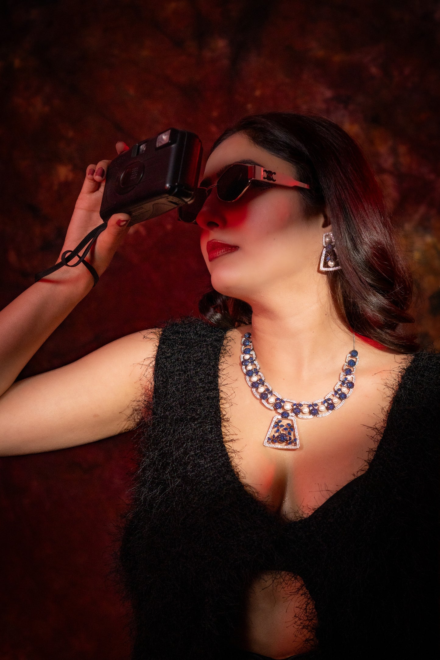 Blue and White Nano Setting American Diamonds Zirconia with Real Pearl Studded Designer Necklace