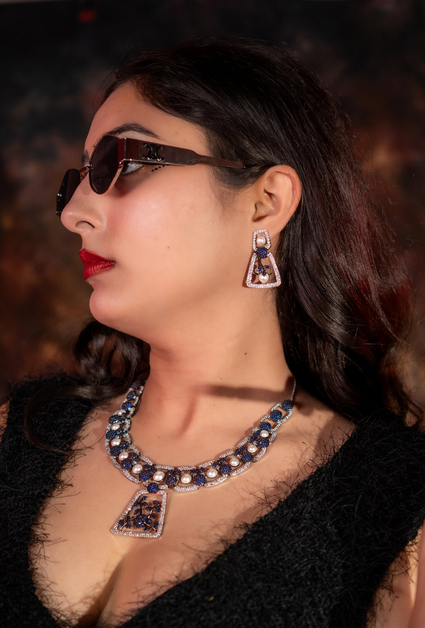 Blue and White Nano Setting American Diamonds Zirconia with Real Pearl Studded Designer Necklace