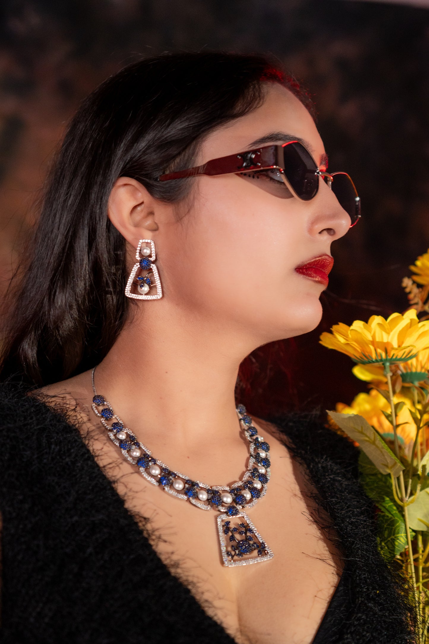 Blue and White Nano Setting American Diamonds Zirconia with Real Pearl Studded Designer Necklace
