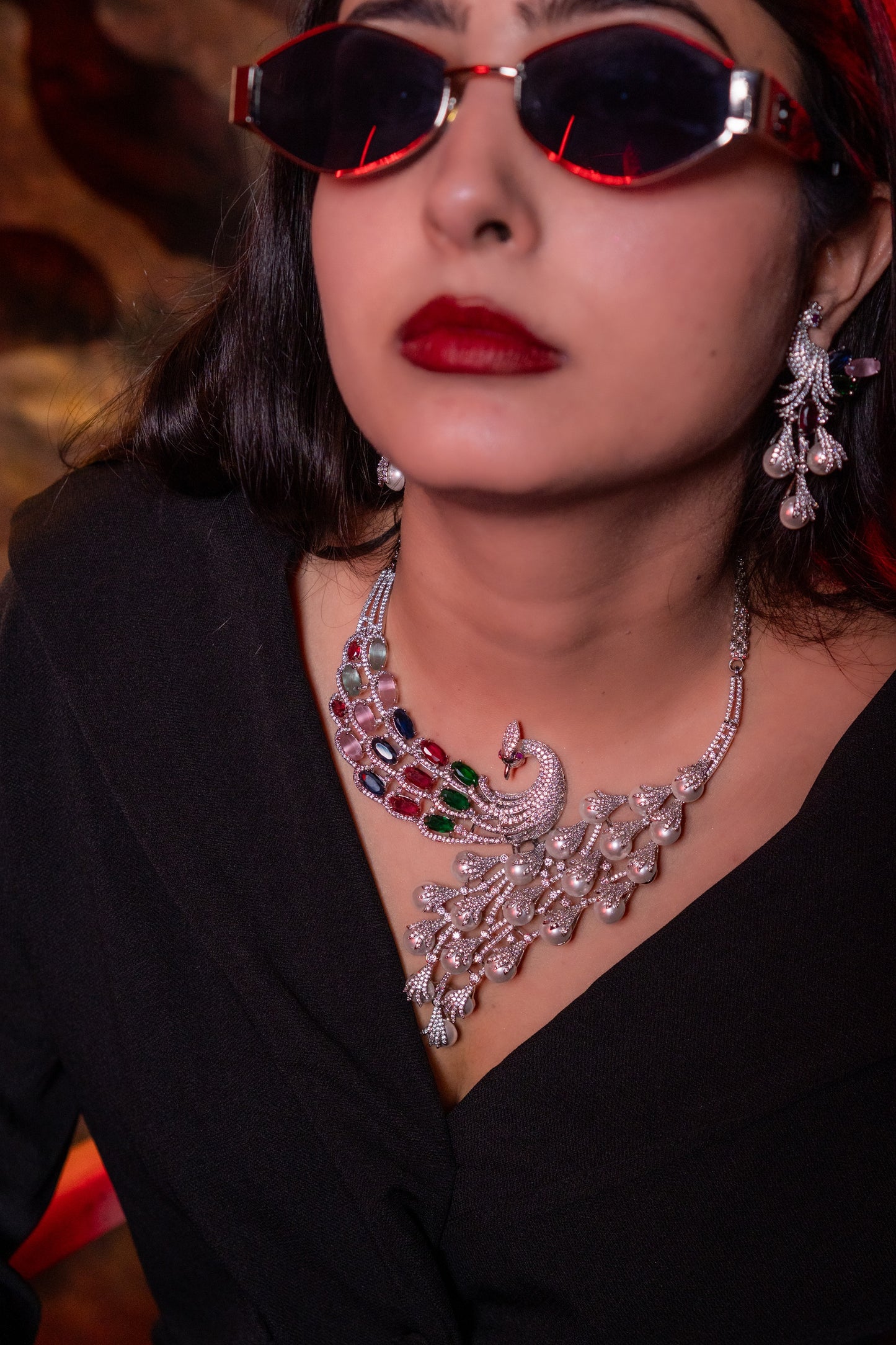 Peacock Studded with Multicolor Crystals and American Diamonds Zirconia Designer Necklace