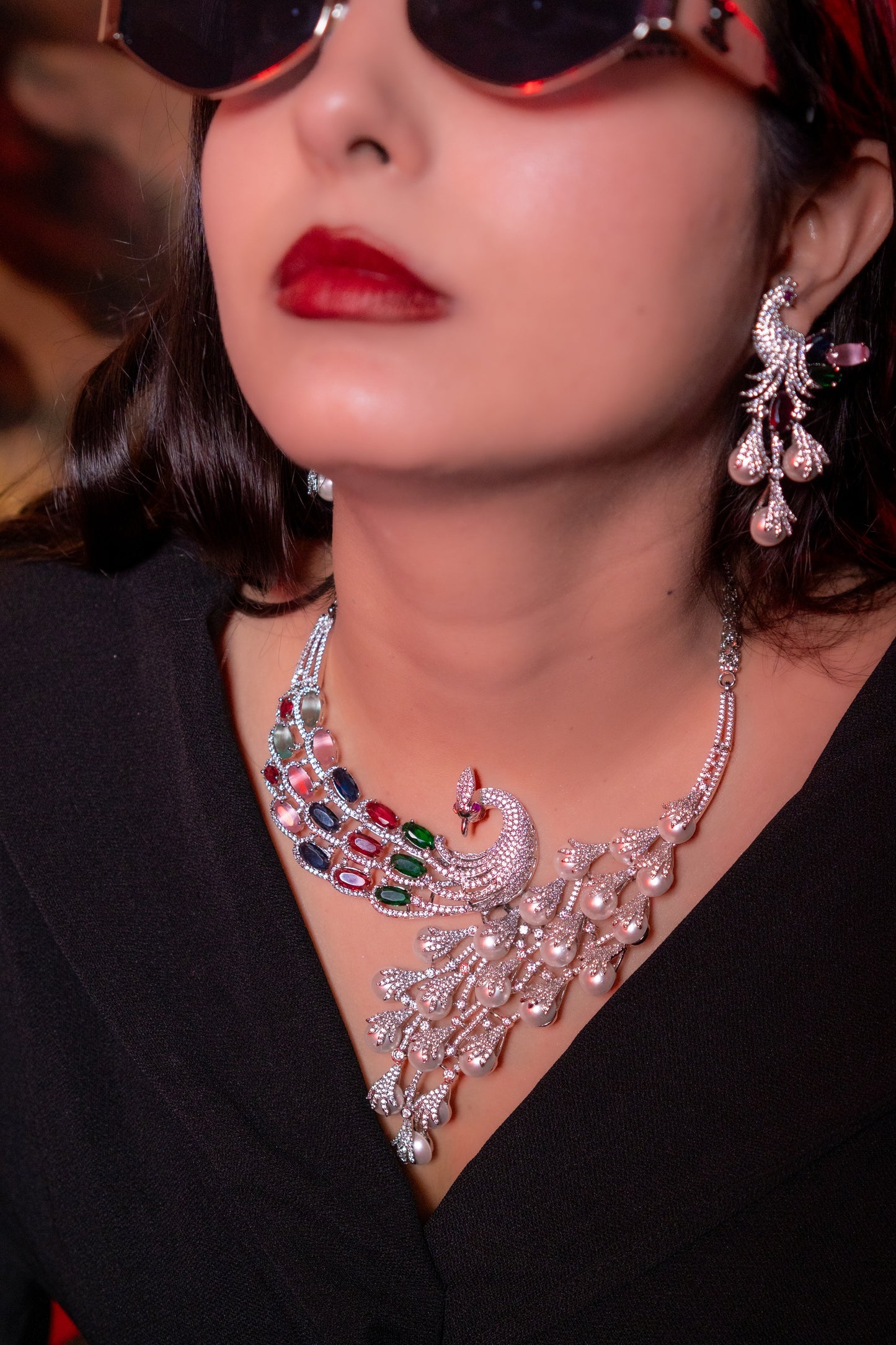 Peacock Studded with Multicolor Crystals and American Diamonds Zirconia Designer Necklace