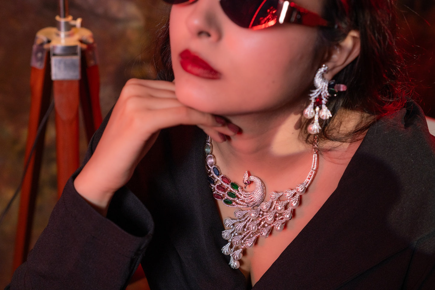 Peacock Studded with Multicolor Crystals and American Diamonds Zirconia Designer Necklace