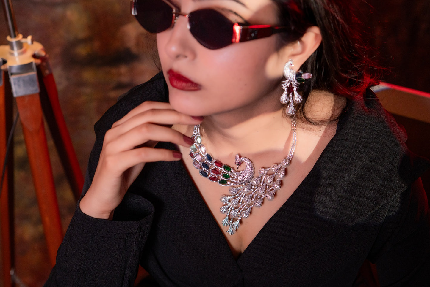 Peacock Studded with Multicolor Crystals and American Diamonds Zirconia Designer Necklace