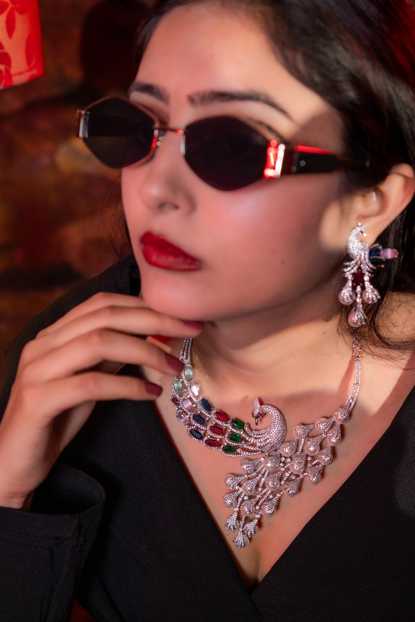 Peacock Studded with Multicolor Crystals and American Diamonds Zirconia Designer Necklace