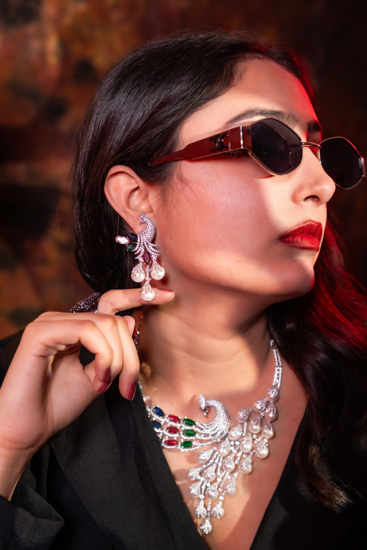 Peacock Studded with Multicolor Crystals and American Diamonds Zirconia Designer Necklace