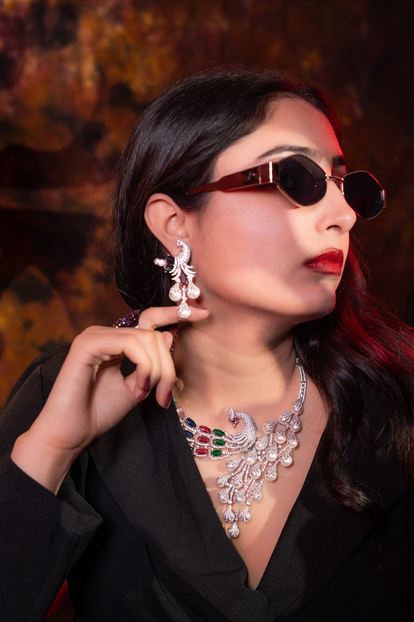 Peacock Studded with Multicolor Crystals and American Diamonds Zirconia Designer Necklace