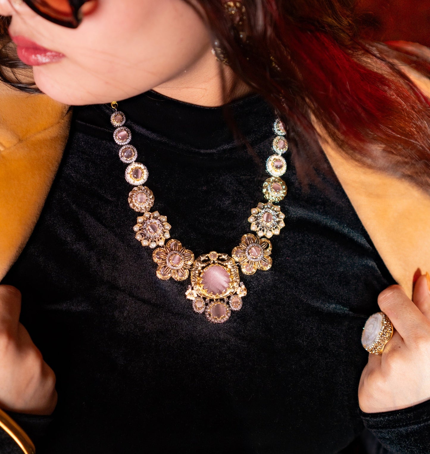 Pink Premium Gemstone with Pearls, American Diamond and Polki Work Necklace