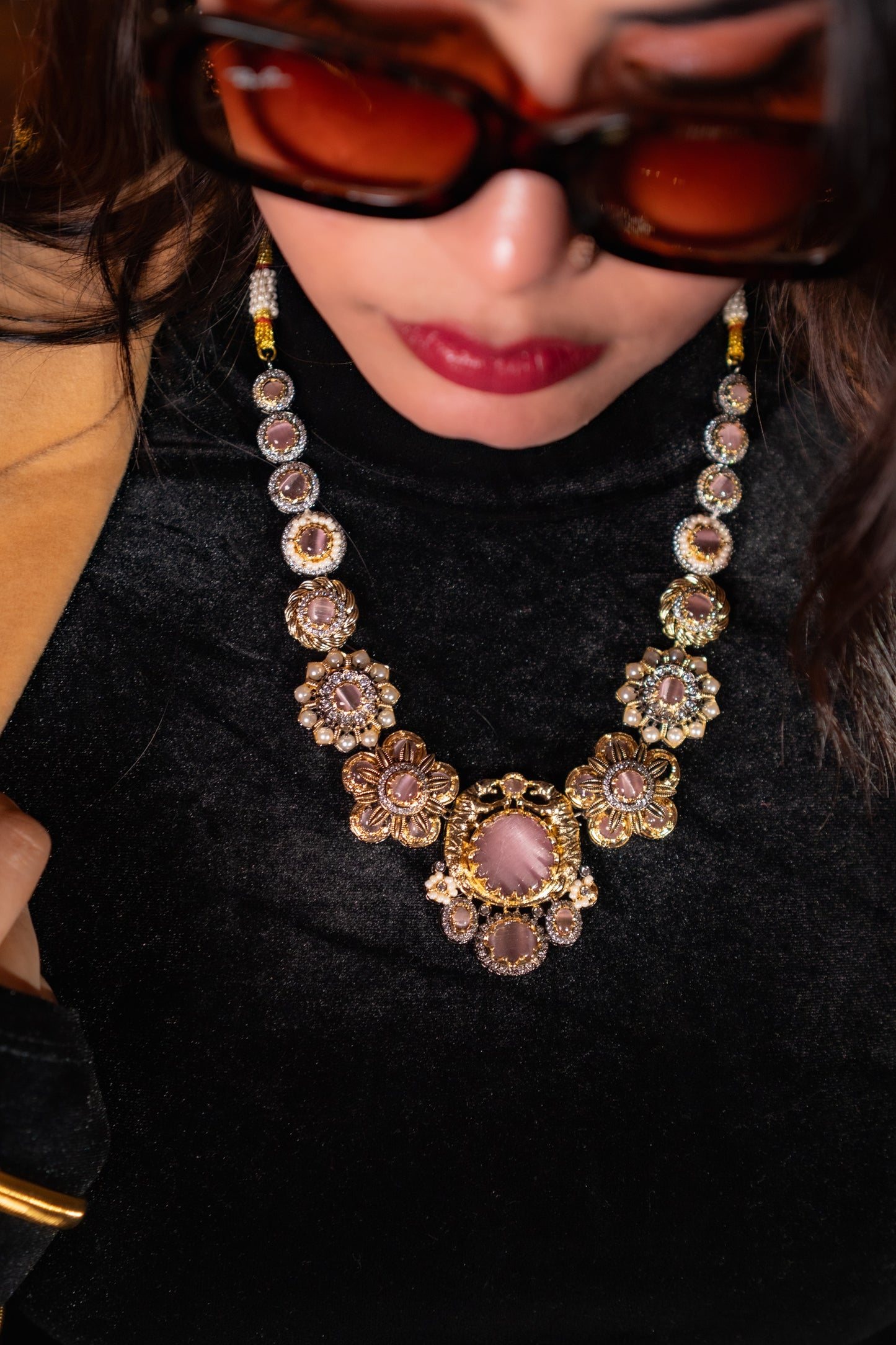 Pink Premium Gemstone with Pearls, American Diamond and Polki Work Necklace