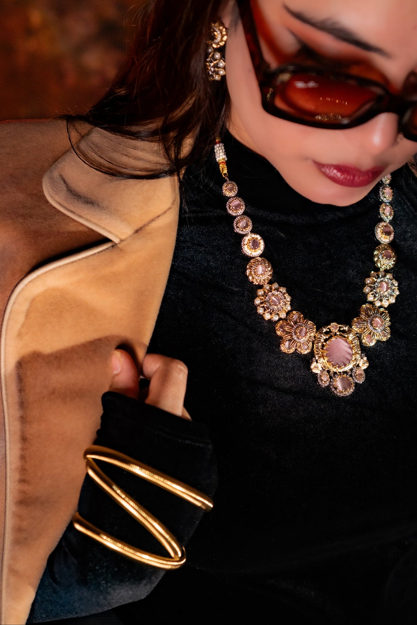 Pink Premium Gemstone with Pearls, American Diamond and Polki Work Necklace