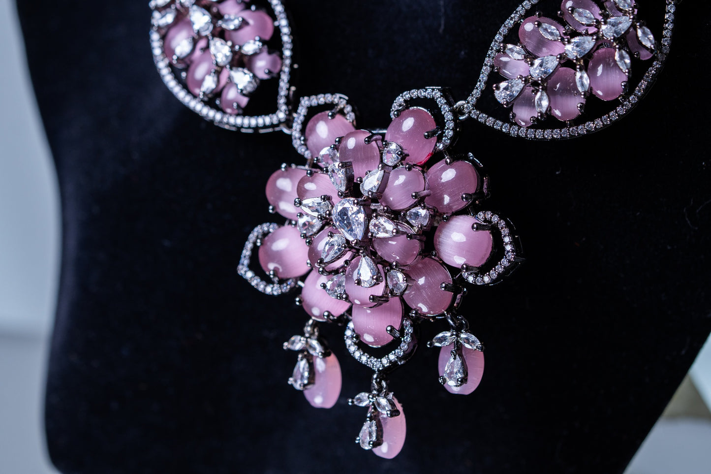Turkish Pink Stone with American Diamonds Artistic Work Necklace