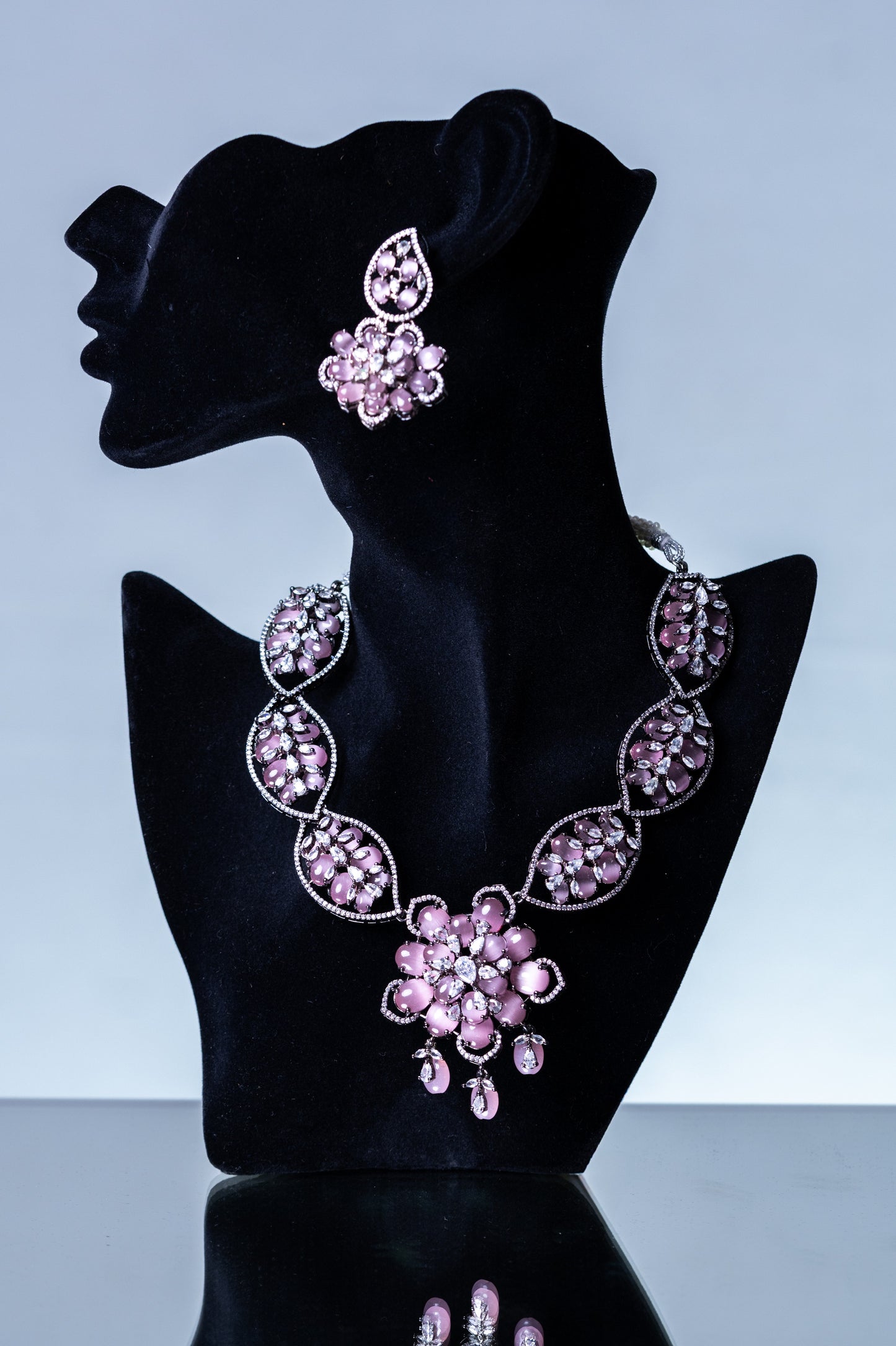Turkish Pink Stone with American Diamonds Artistic Work Necklace