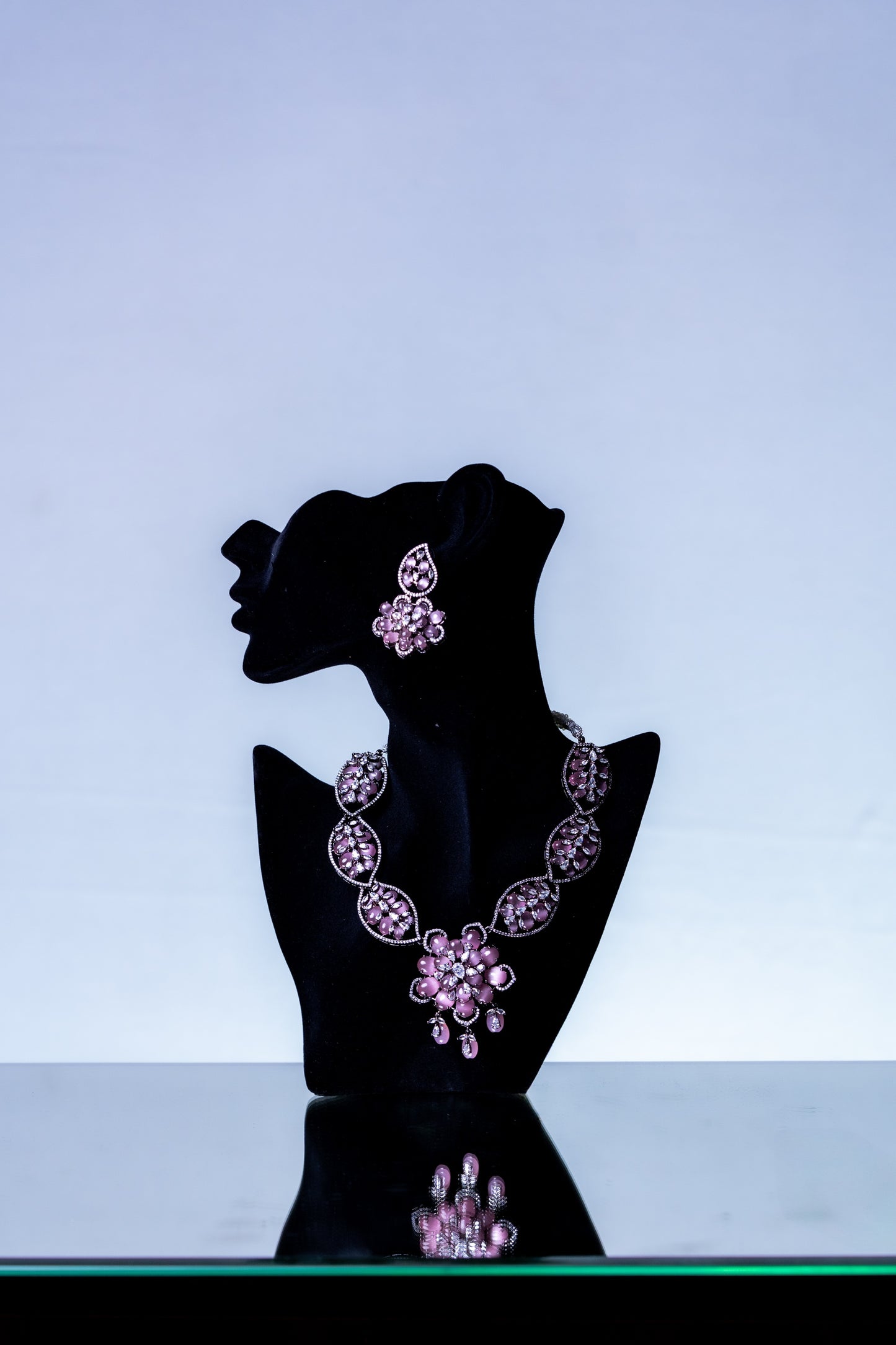 Turkish Pink Stone with American Diamonds Artistic Work Necklace