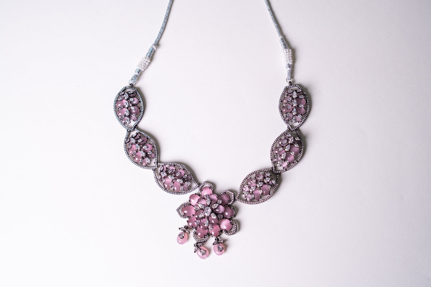 Turkish Pink Stone with American Diamonds Artistic Work Necklace
