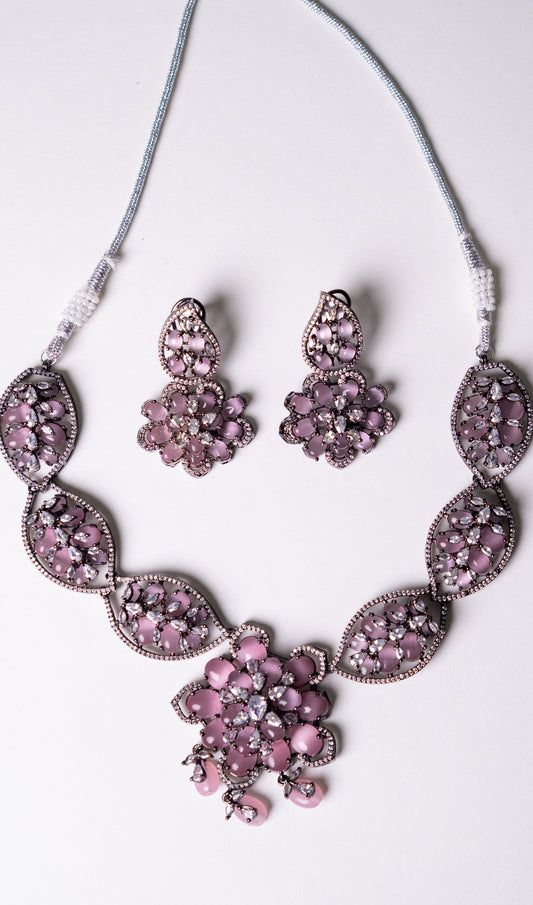 Turkish Pink Stone with American Diamonds Artistic Work Necklace
