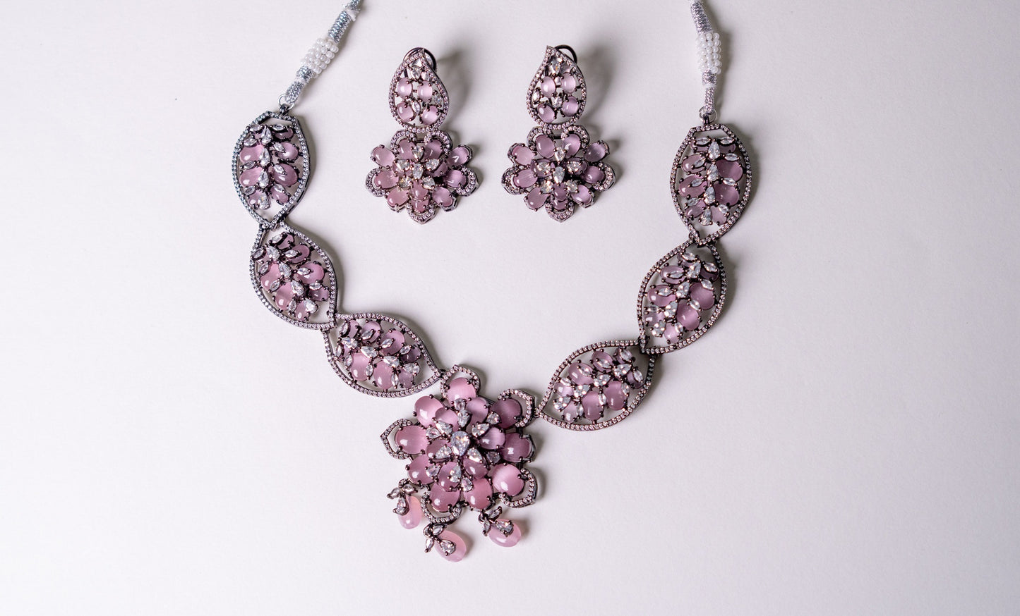 Turkish Pink Stone with American Diamonds Artistic Work Necklace