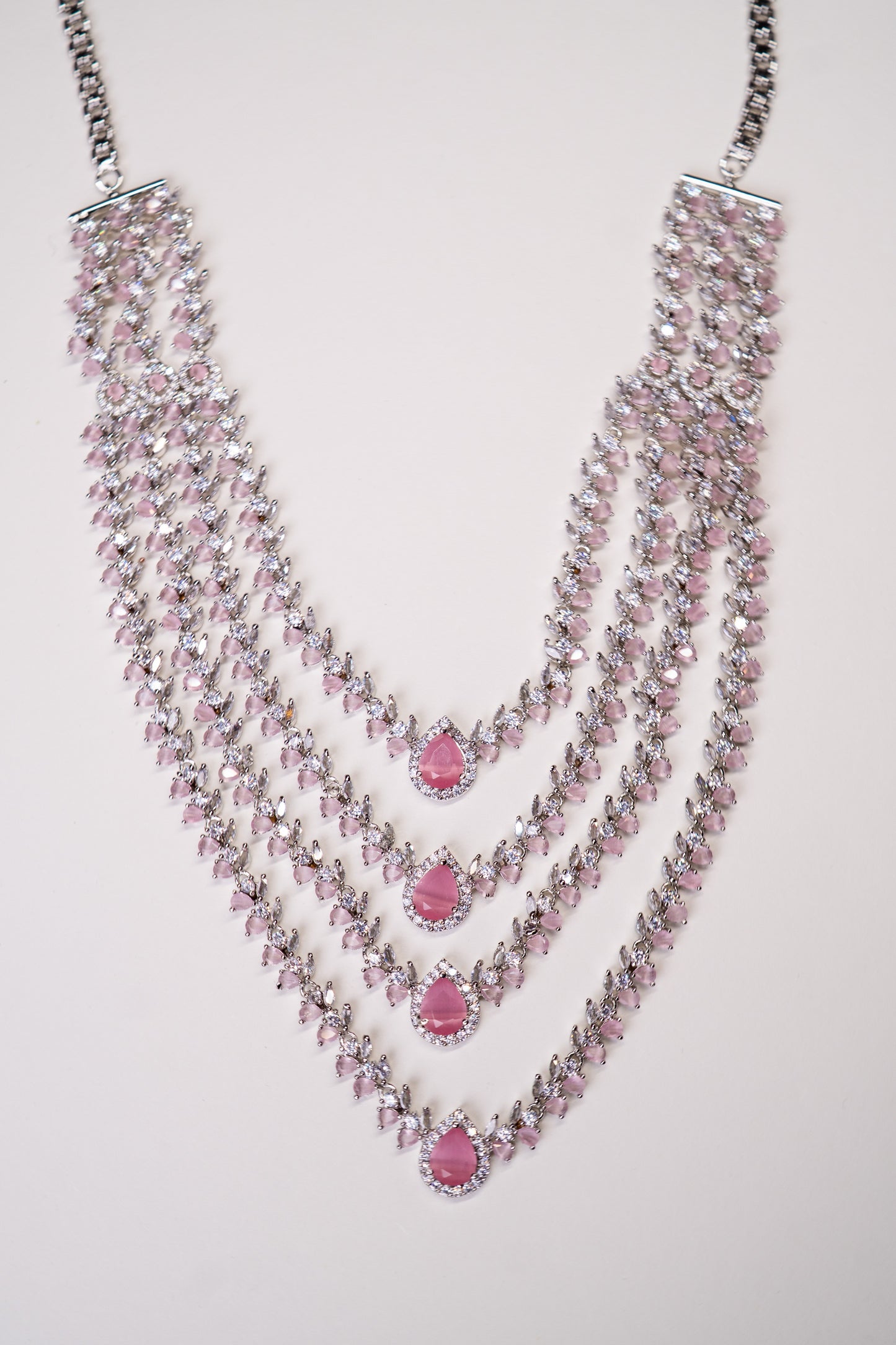 Pink American Diamonds Rhodium Finish 4 Layer Necklace