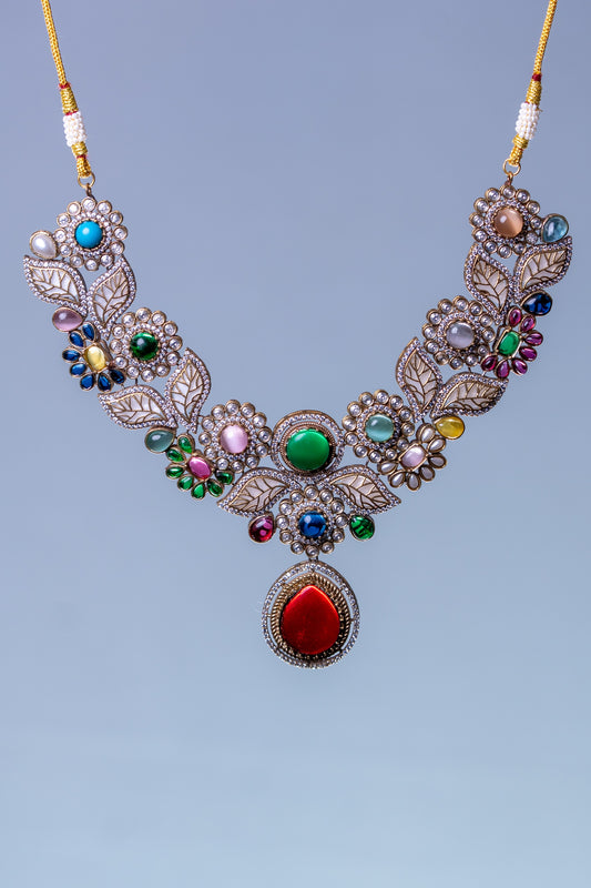 Mexican Navratan Multi-Color Natural Gemstones Floral Designer Necklace