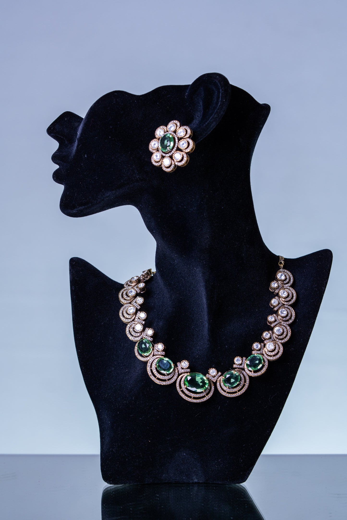 Mint Green Sapphire Gemstone with American Diamonds Zirconia Work Necklace