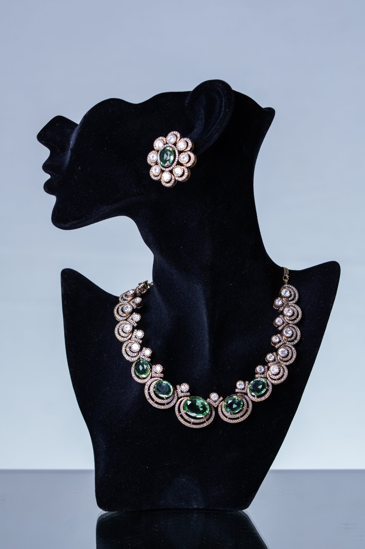 Mint Green Sapphire Gemstone with American Diamonds Zirconia Work Necklace