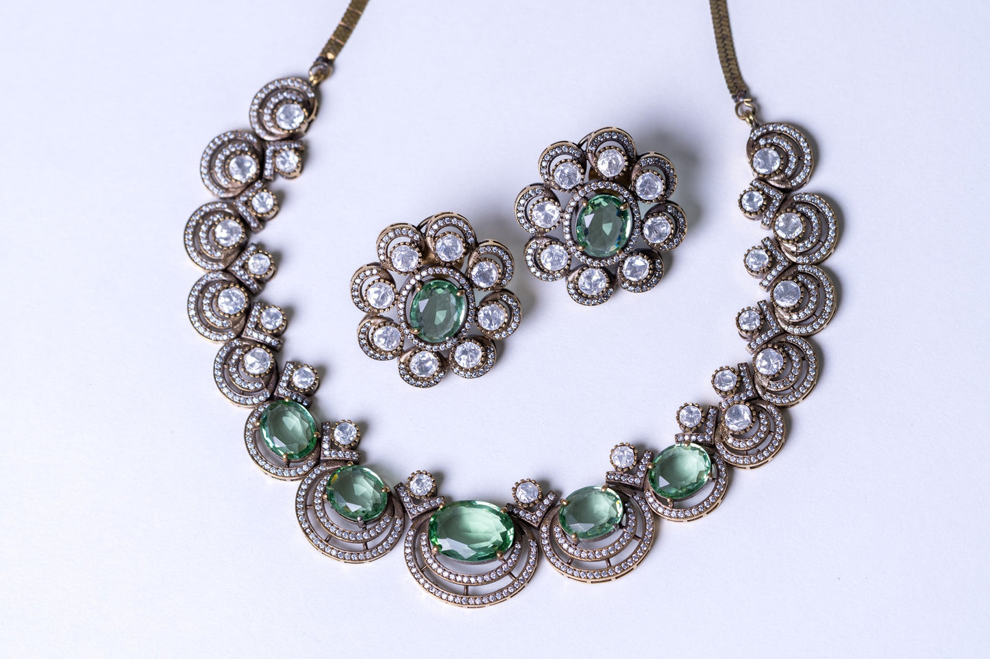 Mint Green Sapphire Gemstone with American Diamonds Zirconia Work Necklace